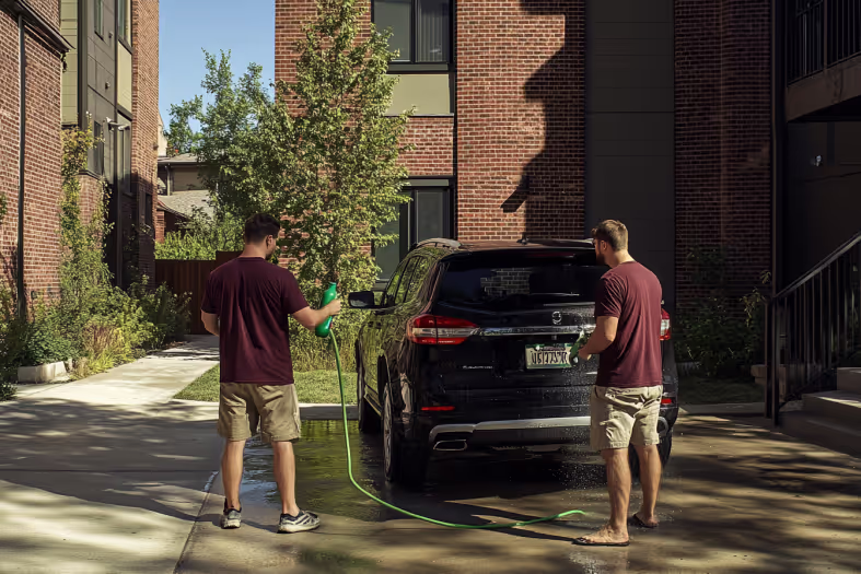 Two young men washing a black SUV in a driveway with a hose