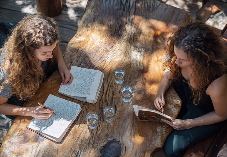 Two women reading and writing in journals at a rustic wood table with water glasses